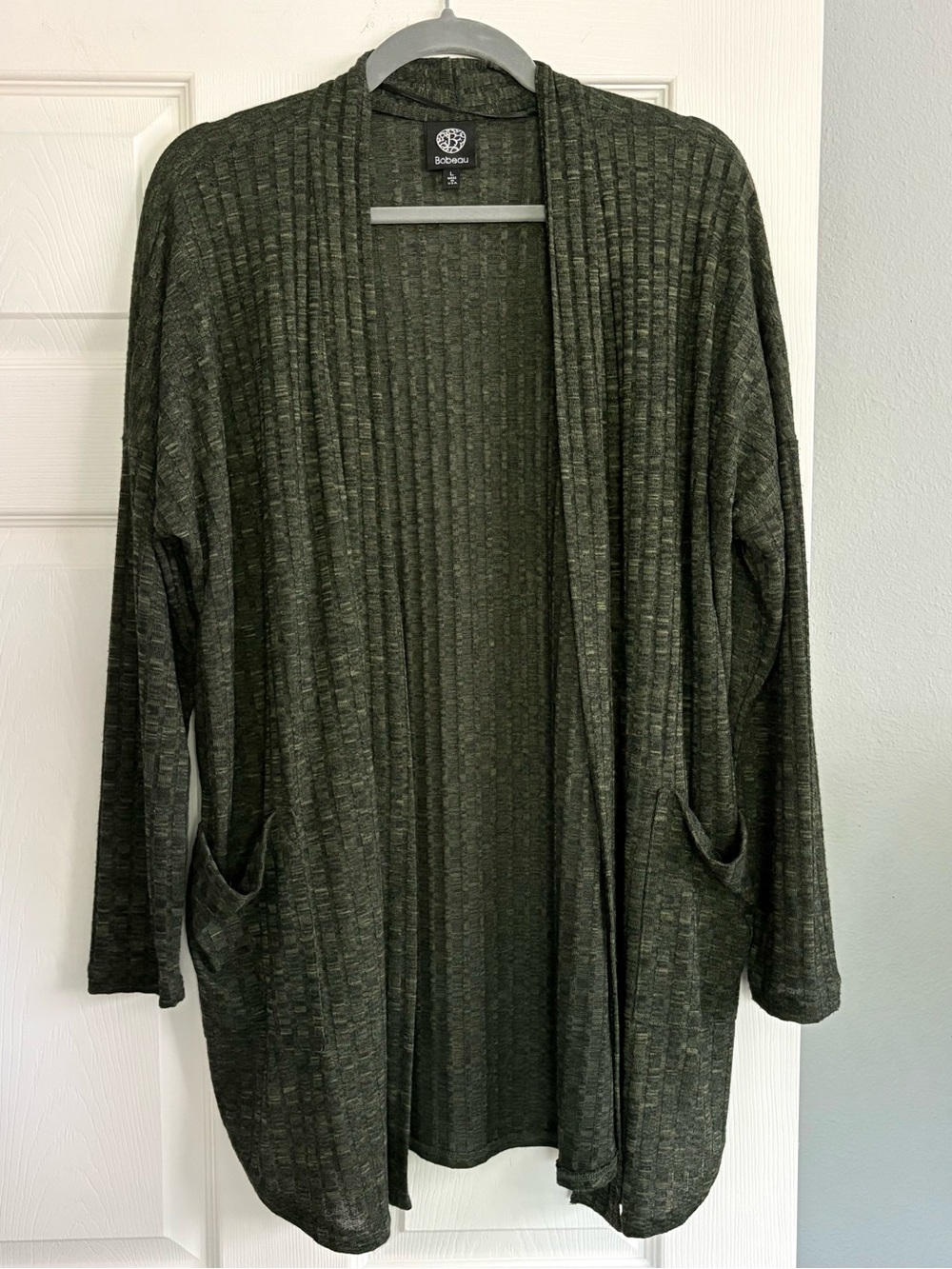 bobeau Ribbed Open-Front Long Cardigan - Olive Green